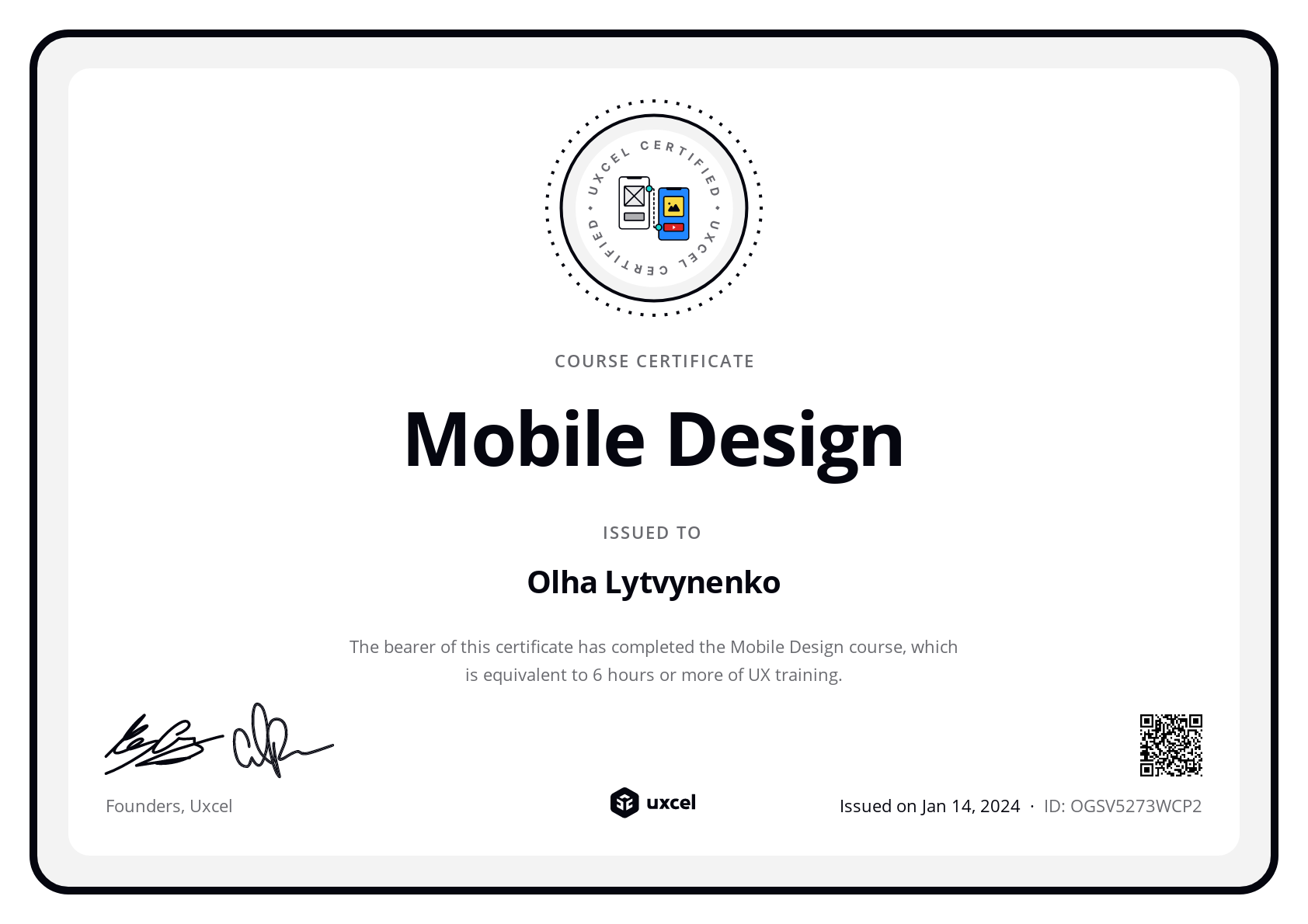 Olha L's certificate